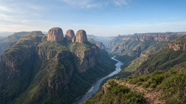 De Three Rondavels boven de Blyde River Canyon met kleine figuren op het uitkijkpunt