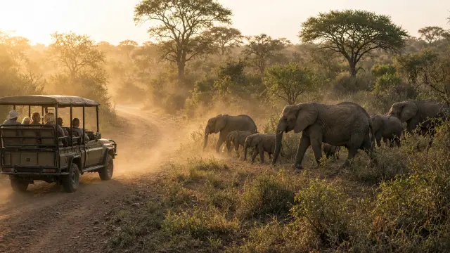 Een open safariwagen met kleine figuren bij een kudde olifanten in het Krugerpark bij zonsopgang