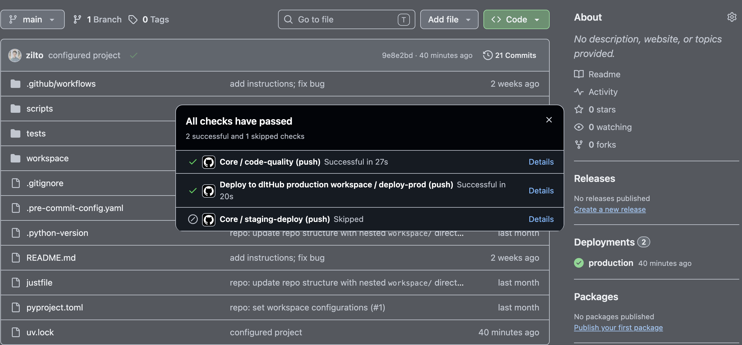 successful GitHub actions on first deployment