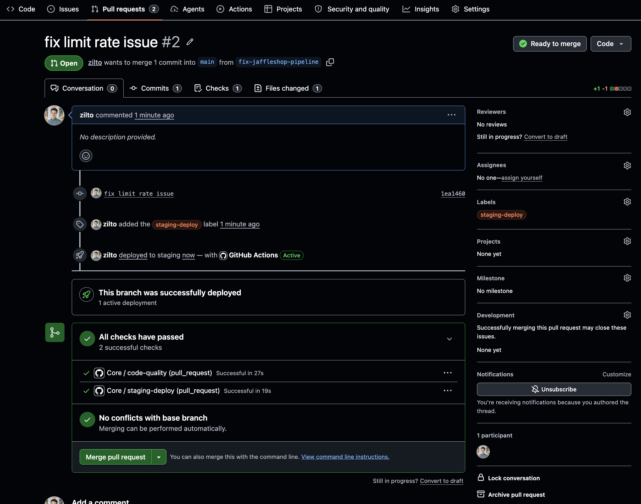 A pull request showing the code-quality and staging-deploy checks, with the staging-deploy label applied