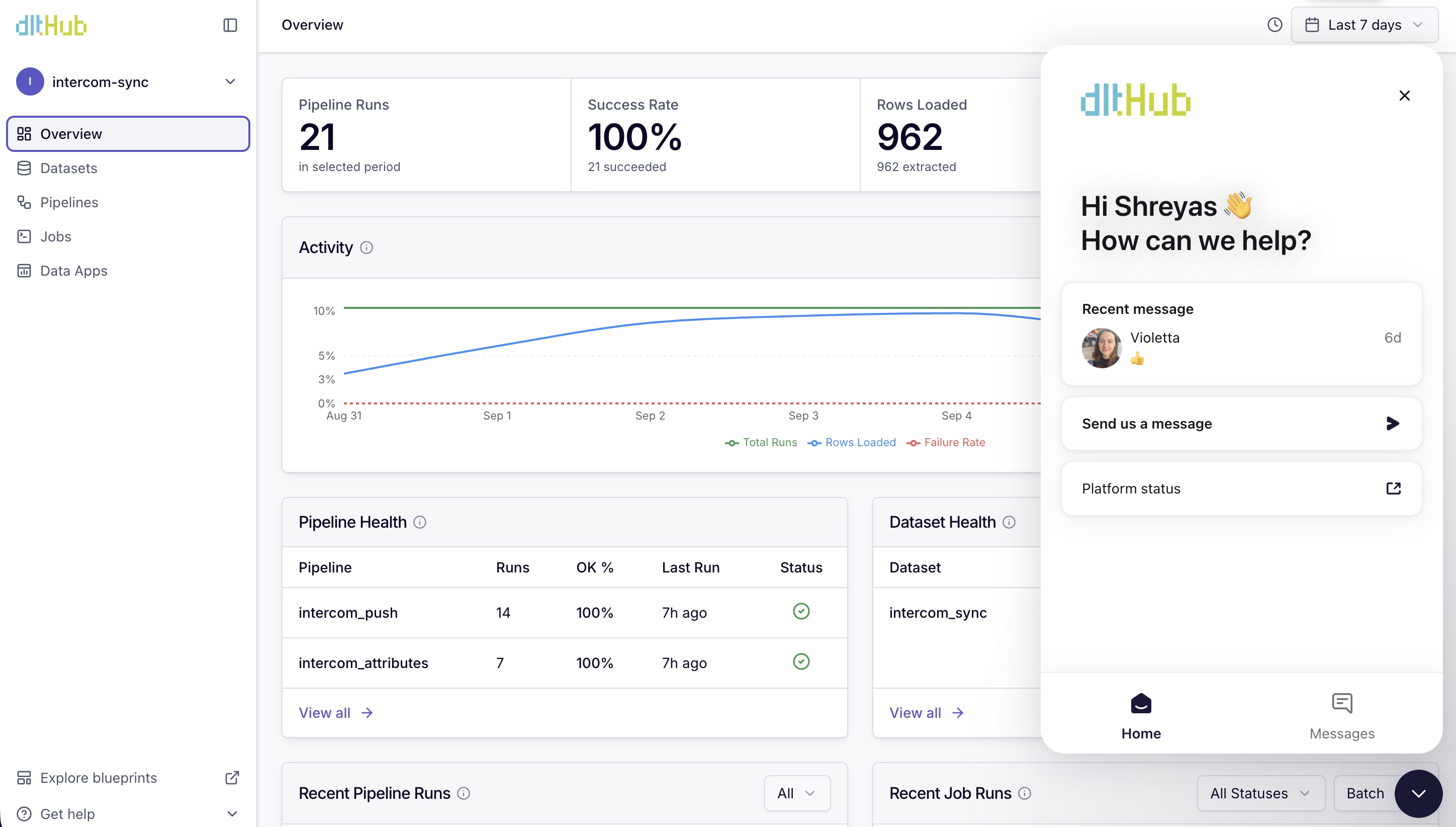 The dltHub support messenger open in the app, ready for a new conversation.