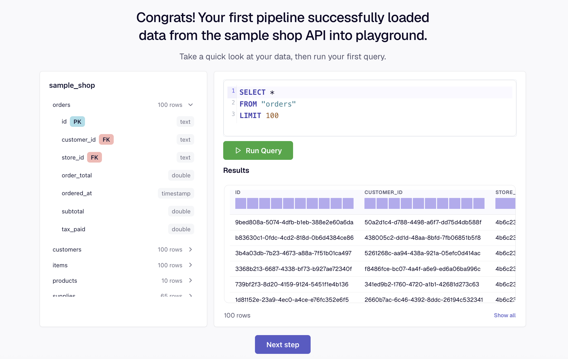 The onboarding notebook showing the tables loaded by the Sample Shop pipeline