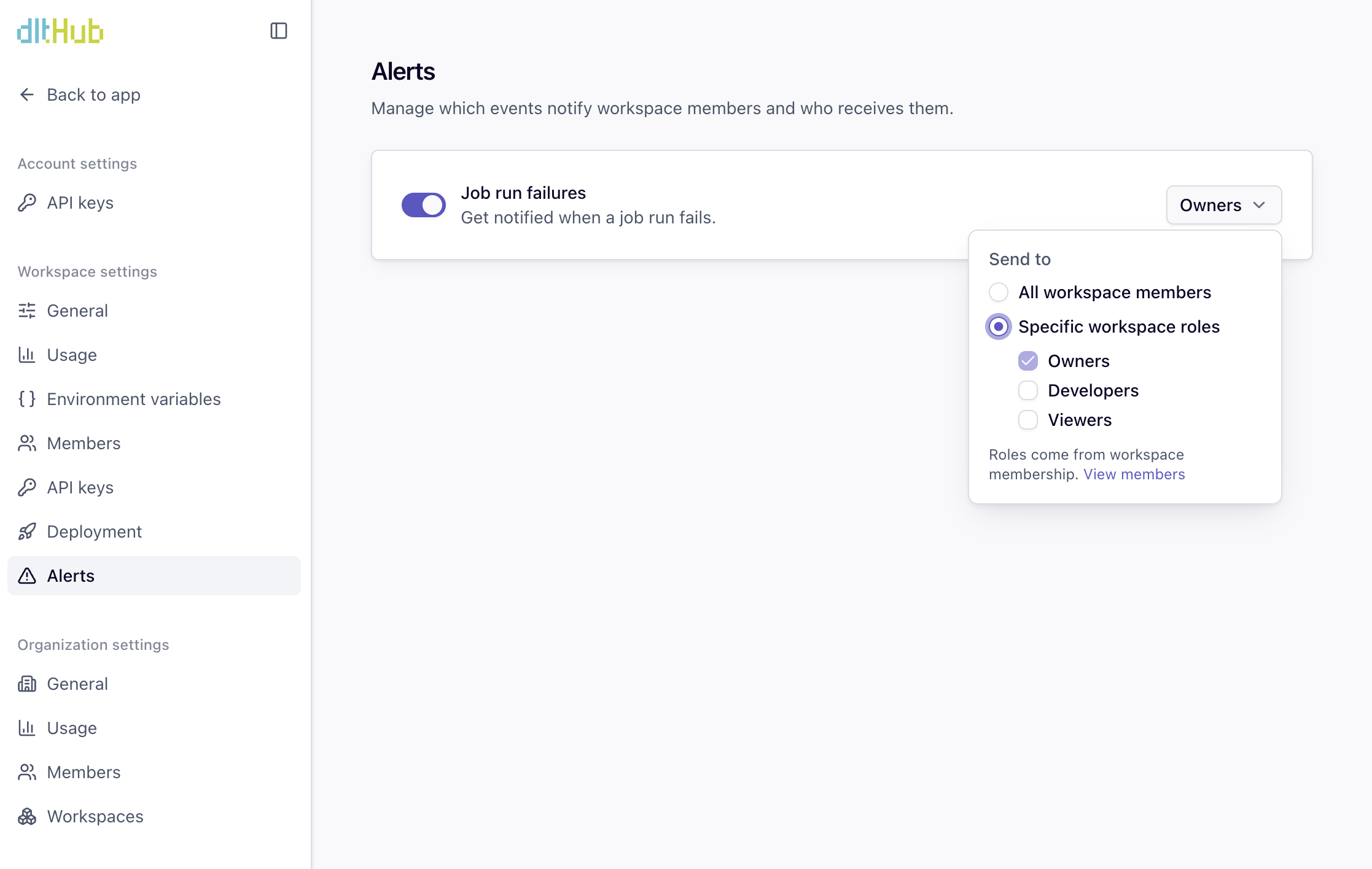 Alerts settings showing the job run failure alerts toggle and role selection