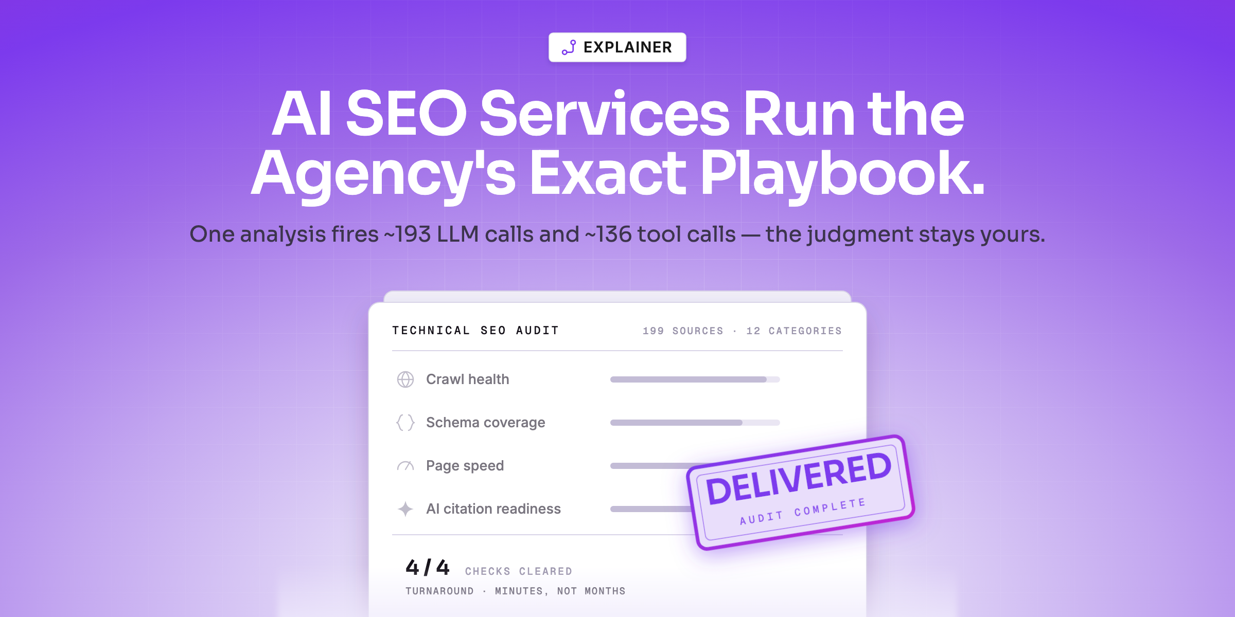 A finished technical SEO audit report — crawl health, schema coverage, page speed and AI citation readiness all cleared — with a DELIVERED stamp struck across it