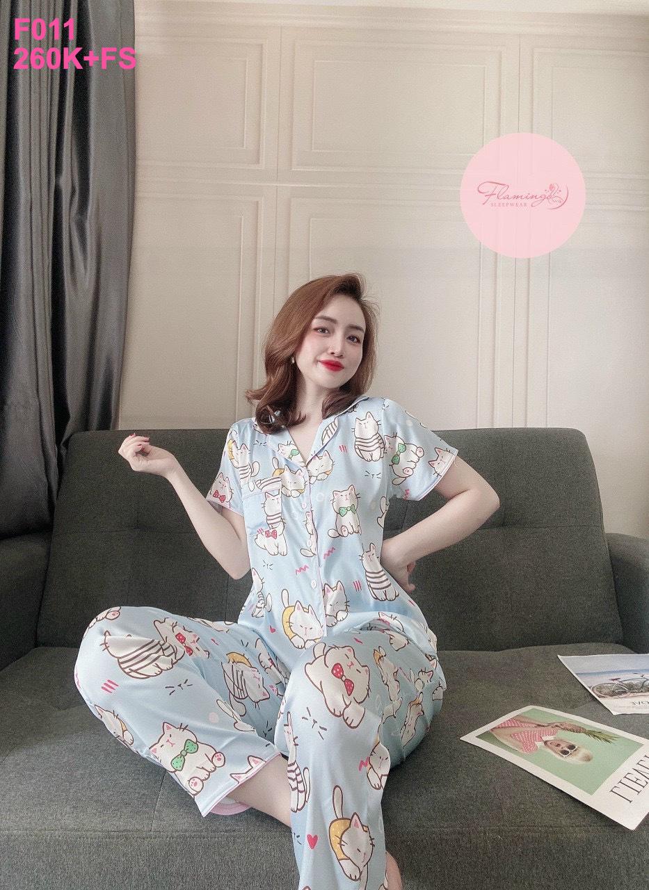 Pijama lụa hoạt tiết Mèo xanh da trời