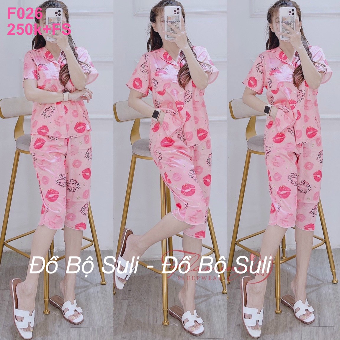 Pijama lụa hoạt tiết môi hồng