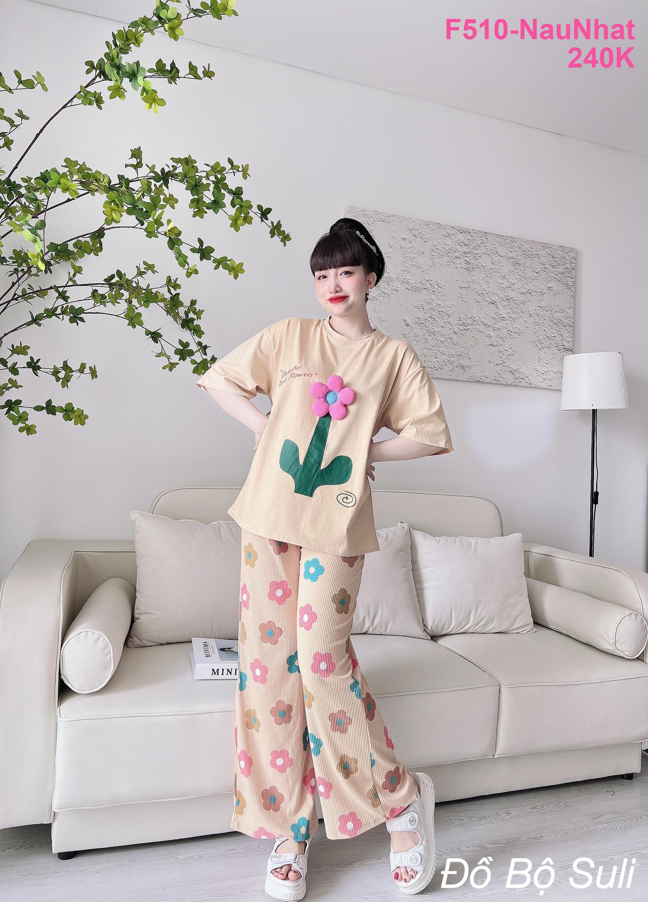 Bộ Đồ Áo Thun Cotton Thêu Bông Lớn Quần Dài Thun Gân - màu 