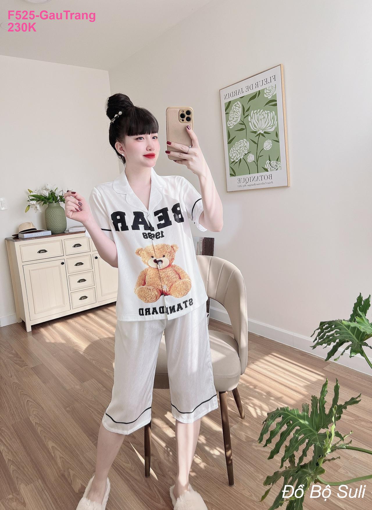 Pijama Lụa Xước Lửng Họa Tiết Dễ Thương - màu 