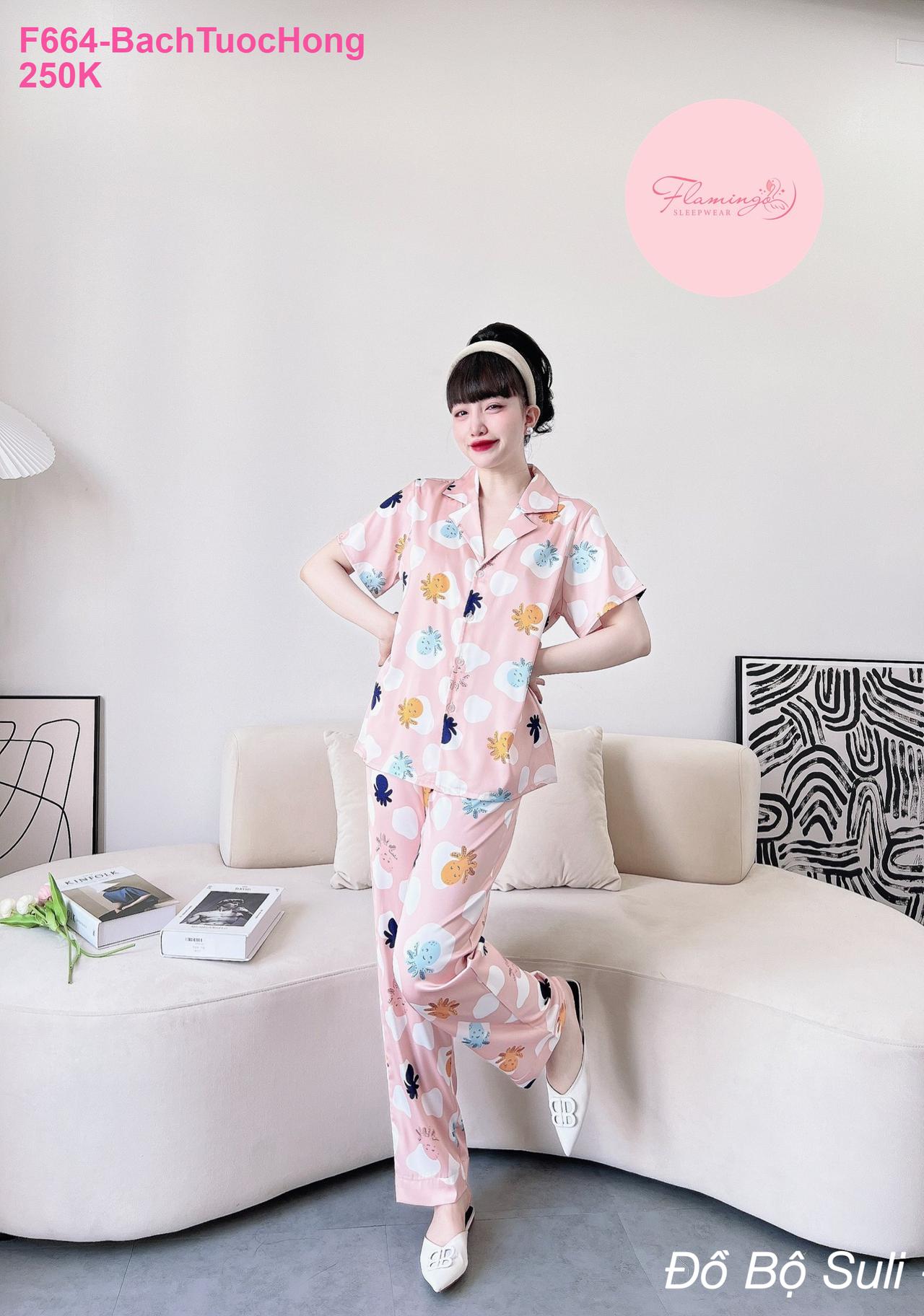 Pijama Lụa Latin Dài Họa Tiết Dễ Thương - màu 