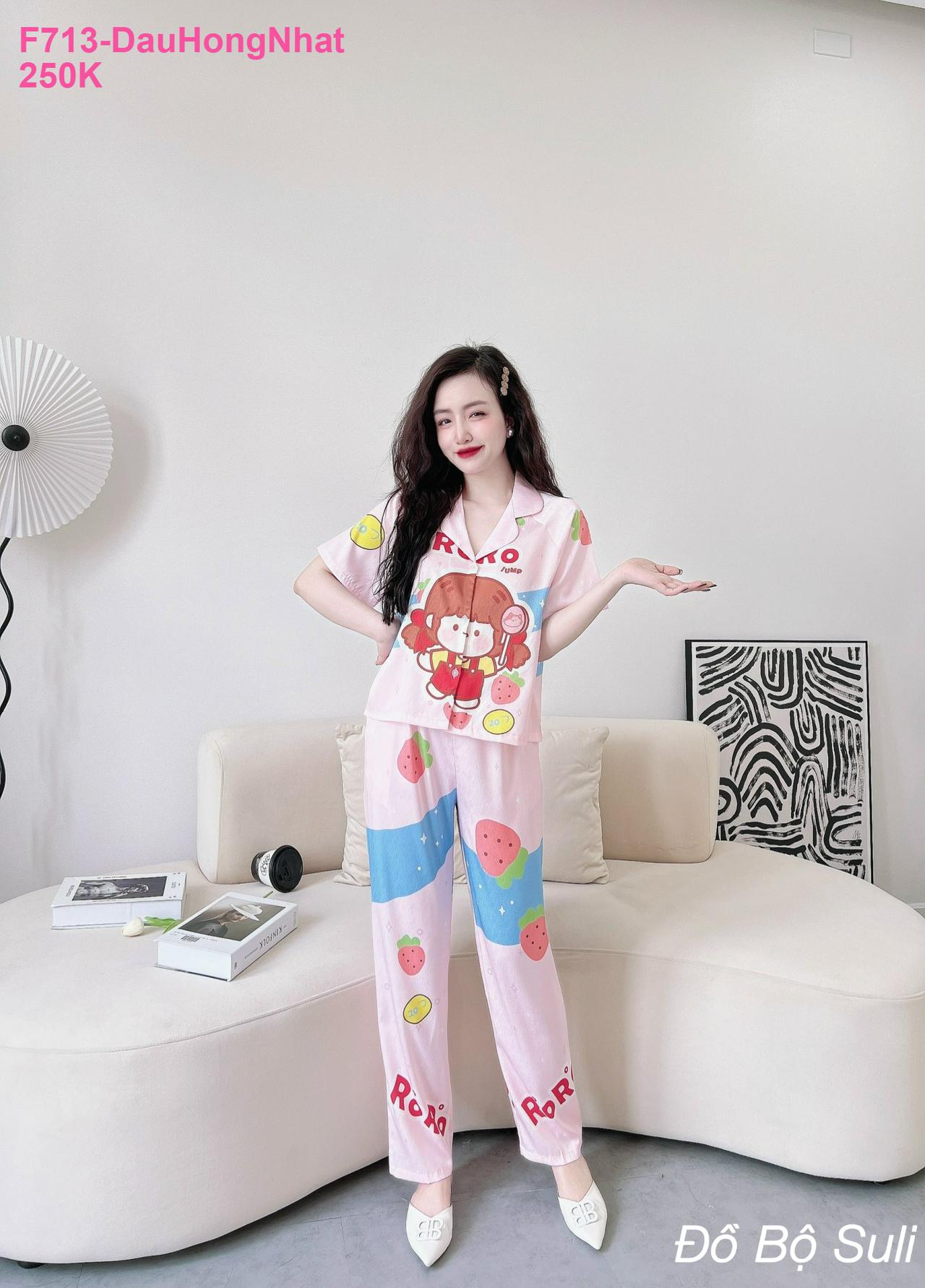 Pijama Lụa Xước Dài Họa Tiết Dễ Thương - màu 