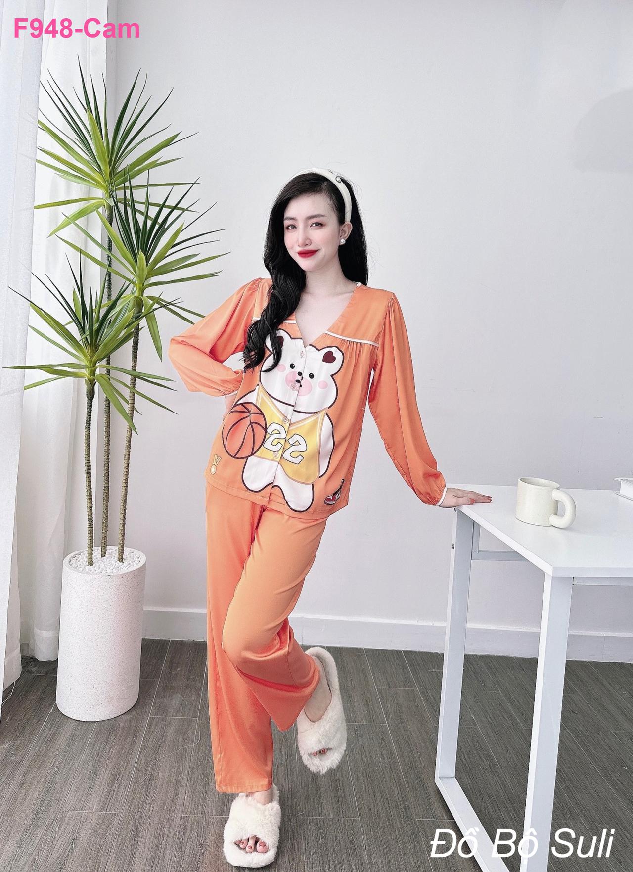 Bộ Pijama Lụa Latin Áo Cổ Tim Tay Dài - màu 