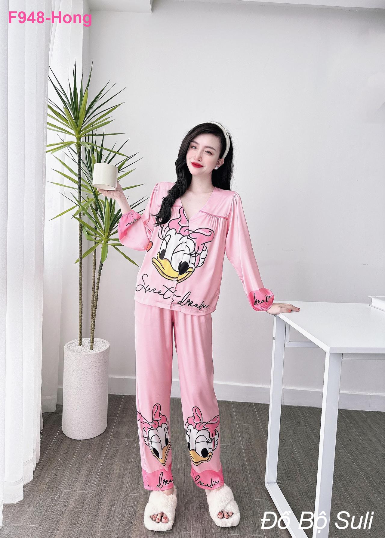 Bộ Pijama Lụa Latin Áo Cổ Tim Tay Dài - màu 