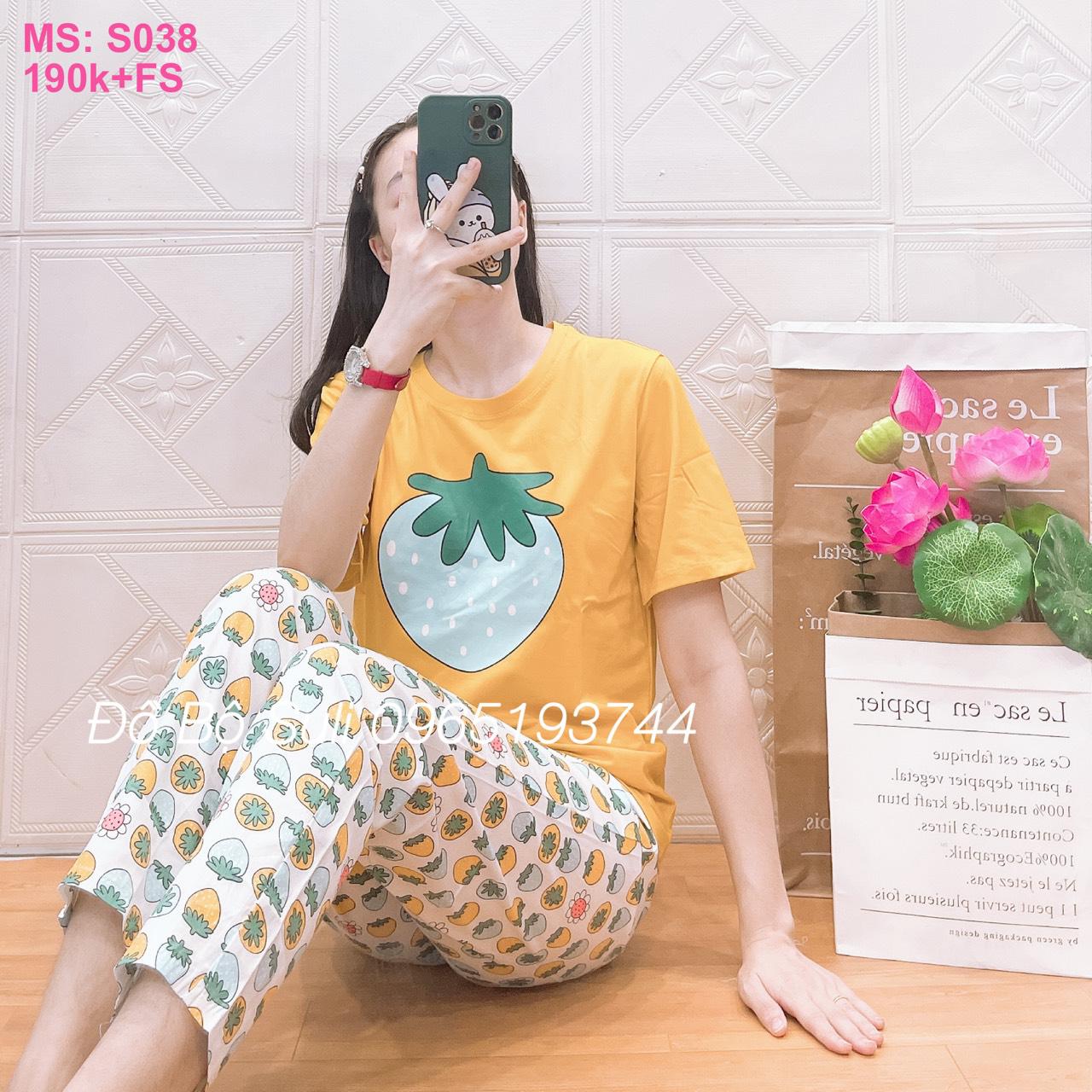 Bộ dài cotton sọc in hình gấu - màu Dâu Vàng