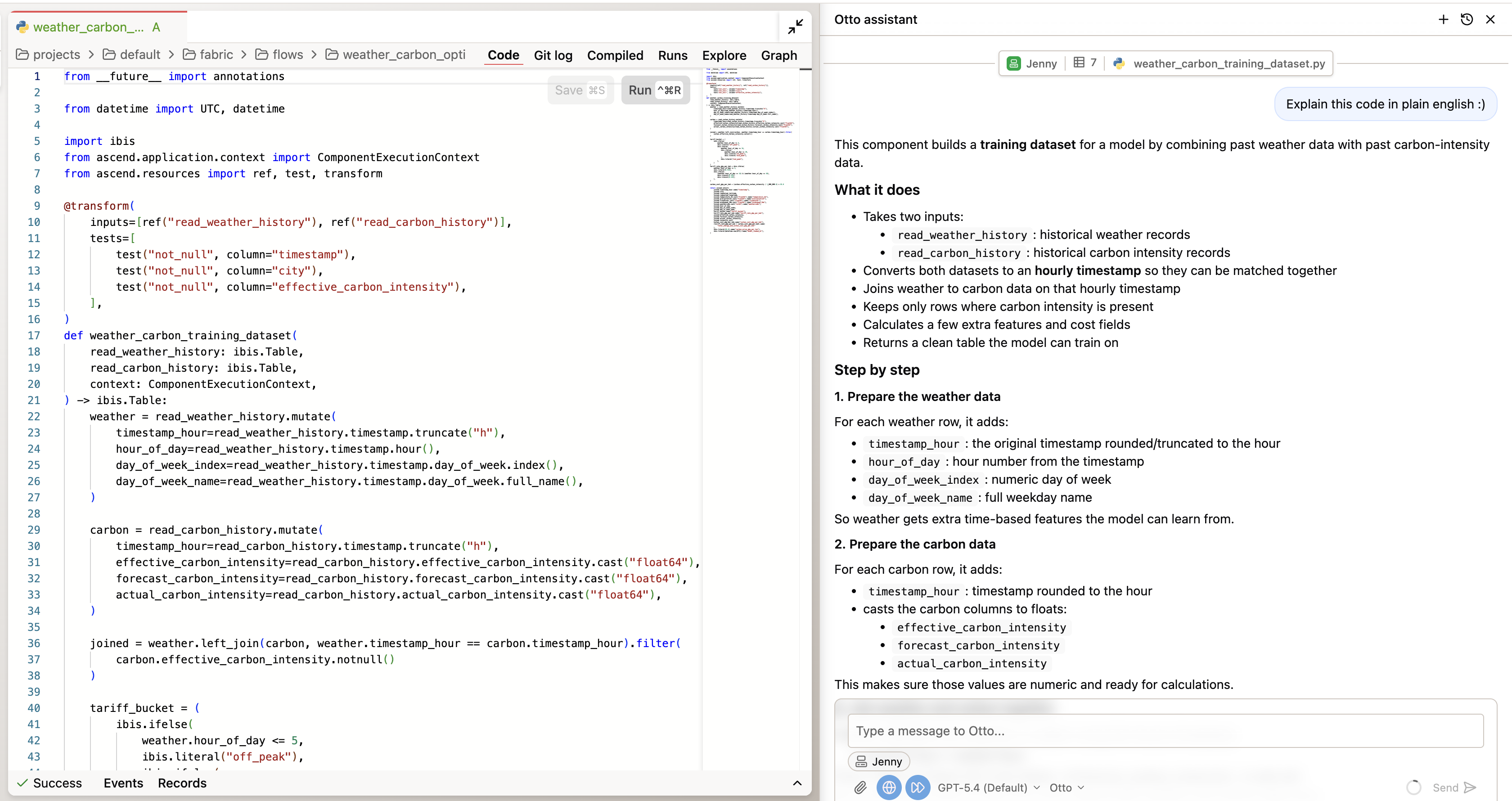 Code view showing a component's SQL and run history