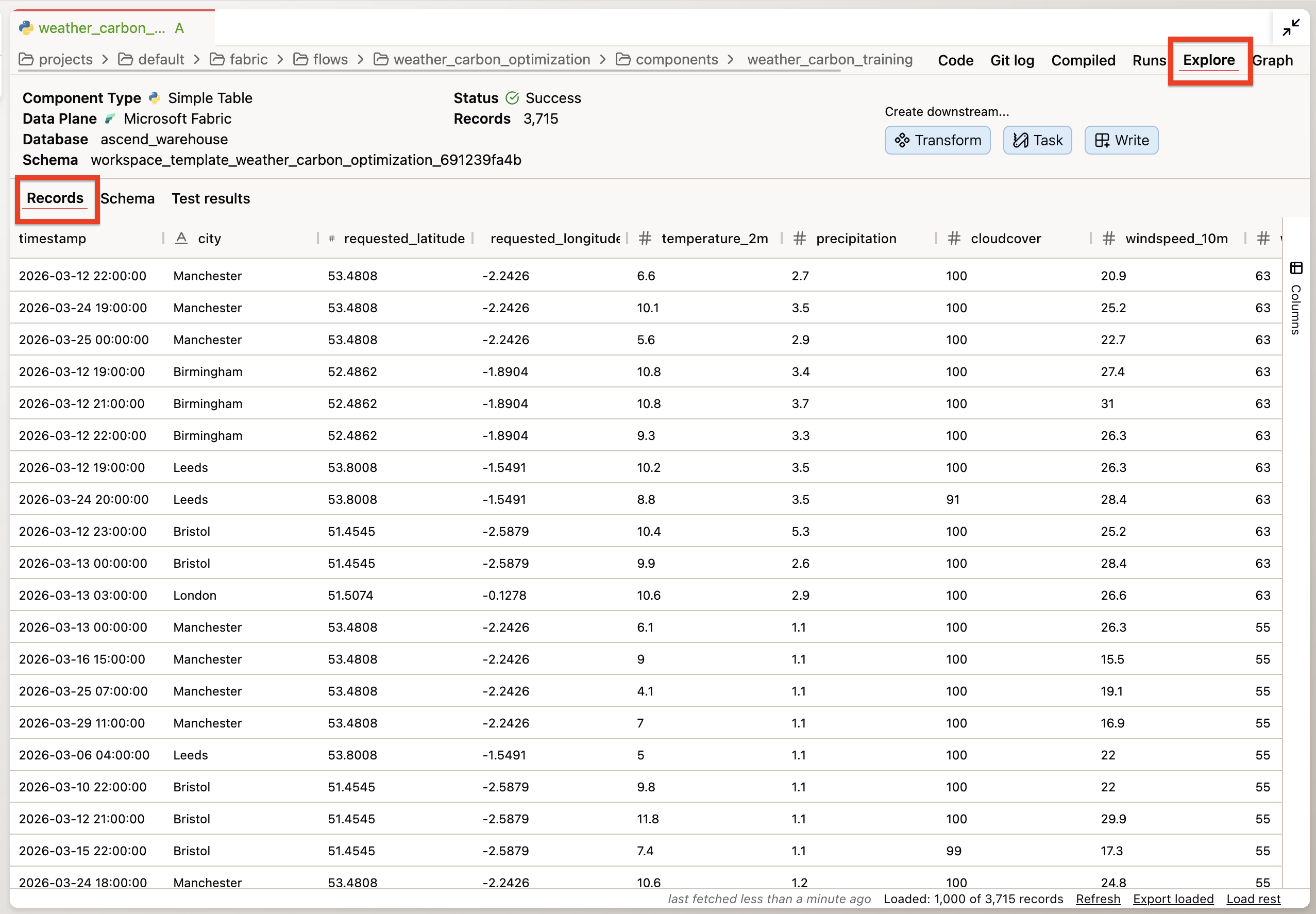 Explore tab showing output data for a component