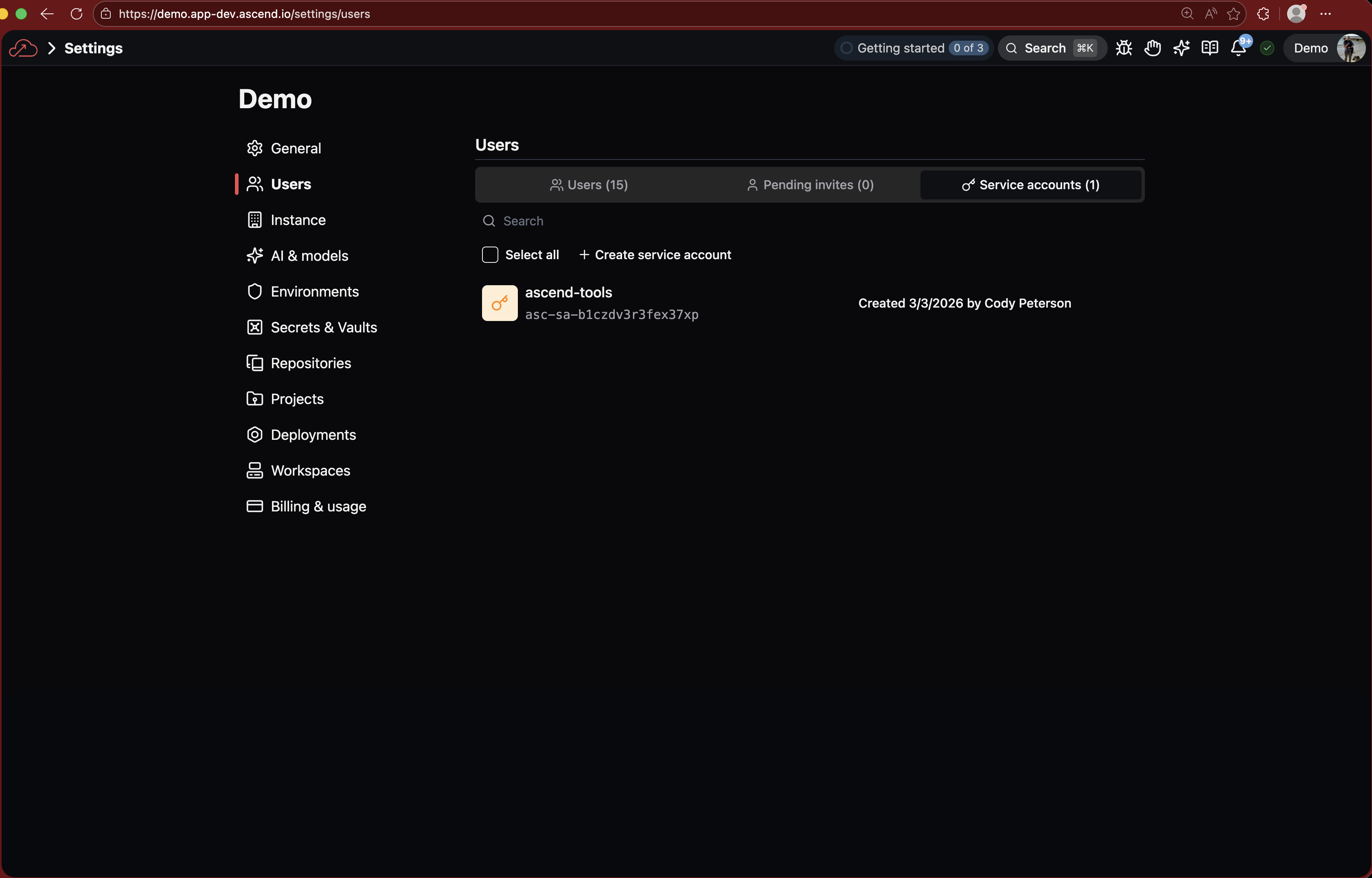 Settings > Users page with the "+ Create service account" button