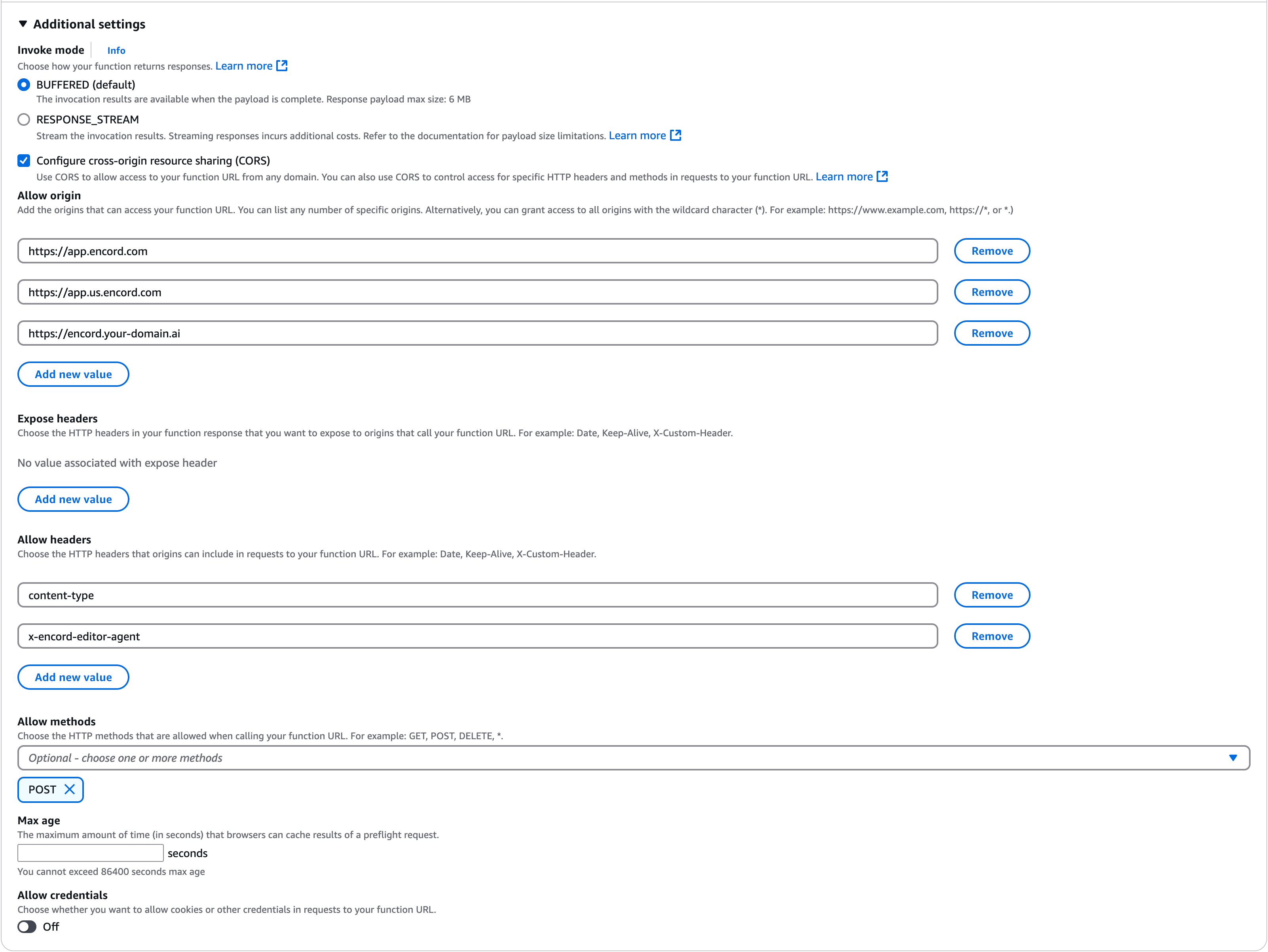AWS Function url configuration