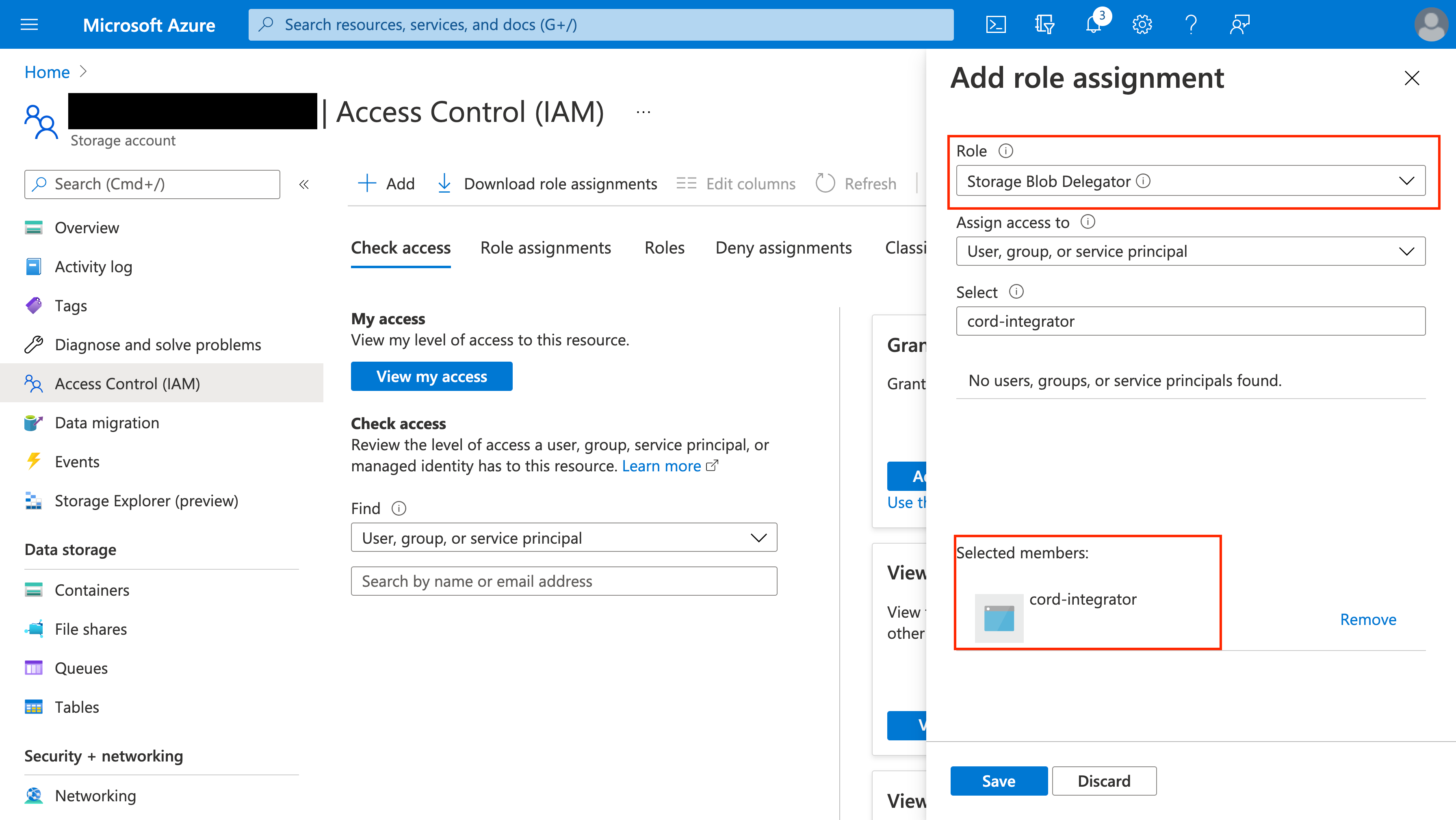 Adding the 'Storage Blob Delegator' role to the cord-integrator service principal at the storage account level