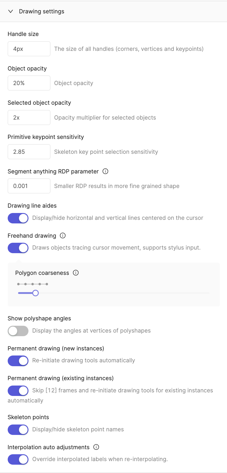 Drawing settings in label editor settings