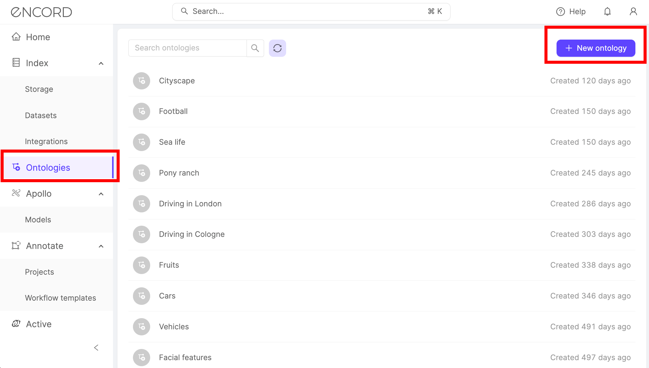 Screenshot of the ontologies screen