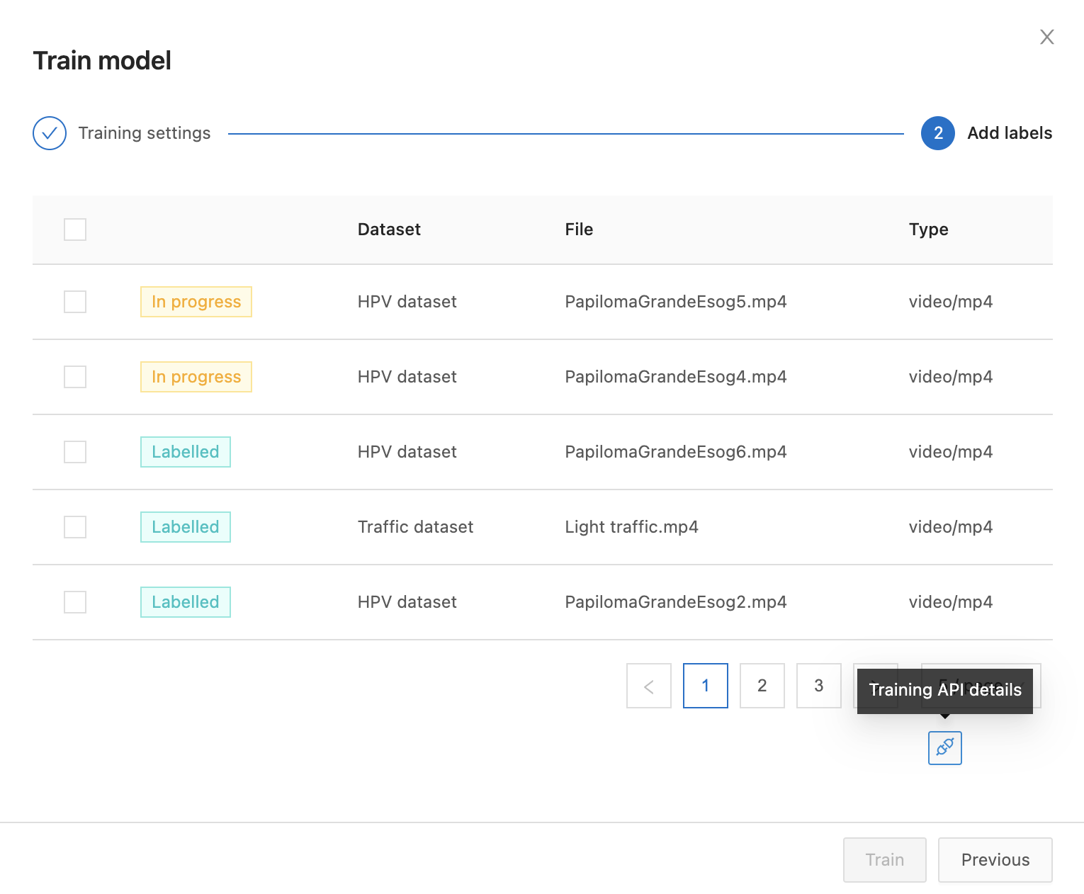 API details for training a model