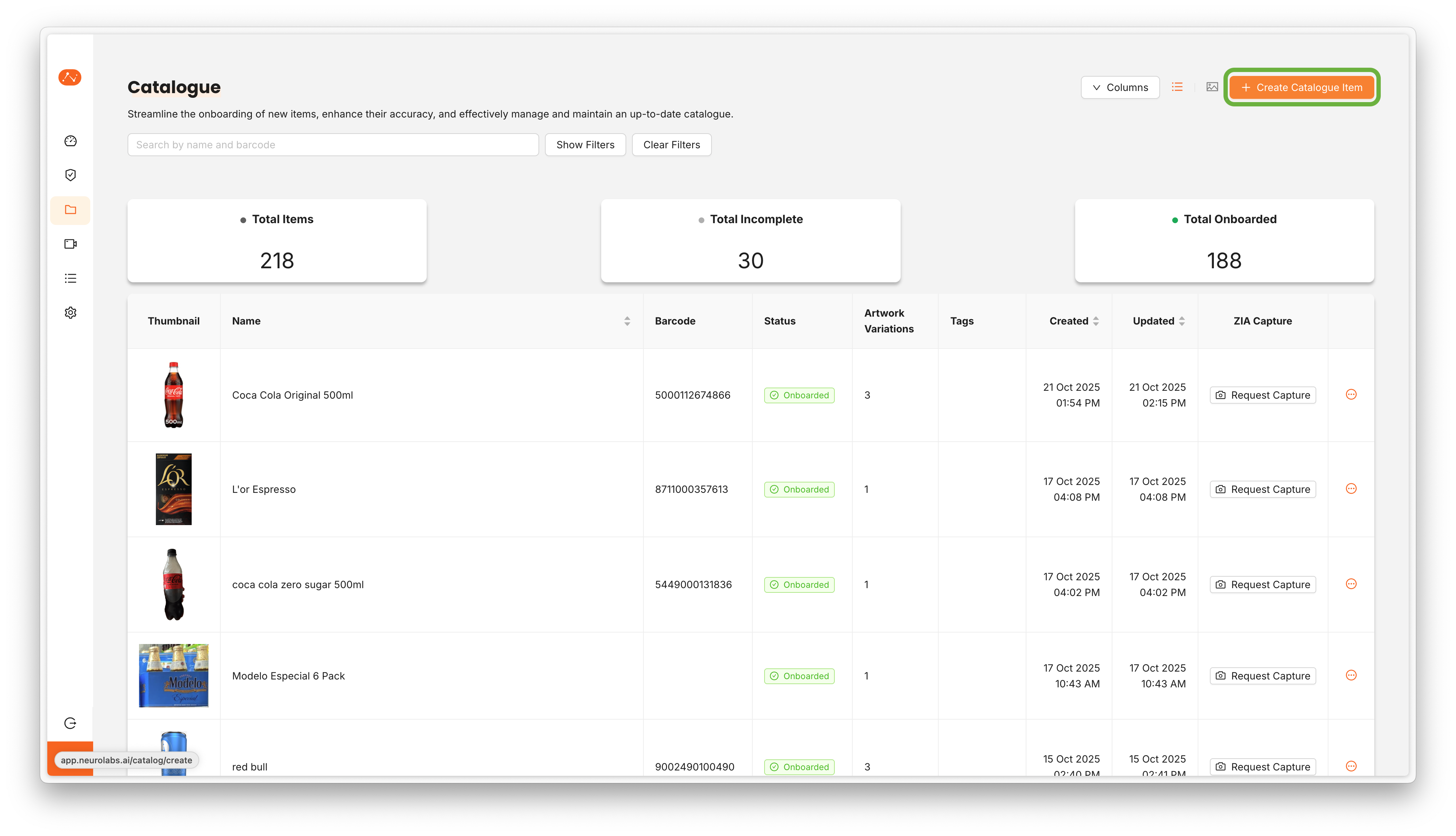 Create Catalogue Item Button