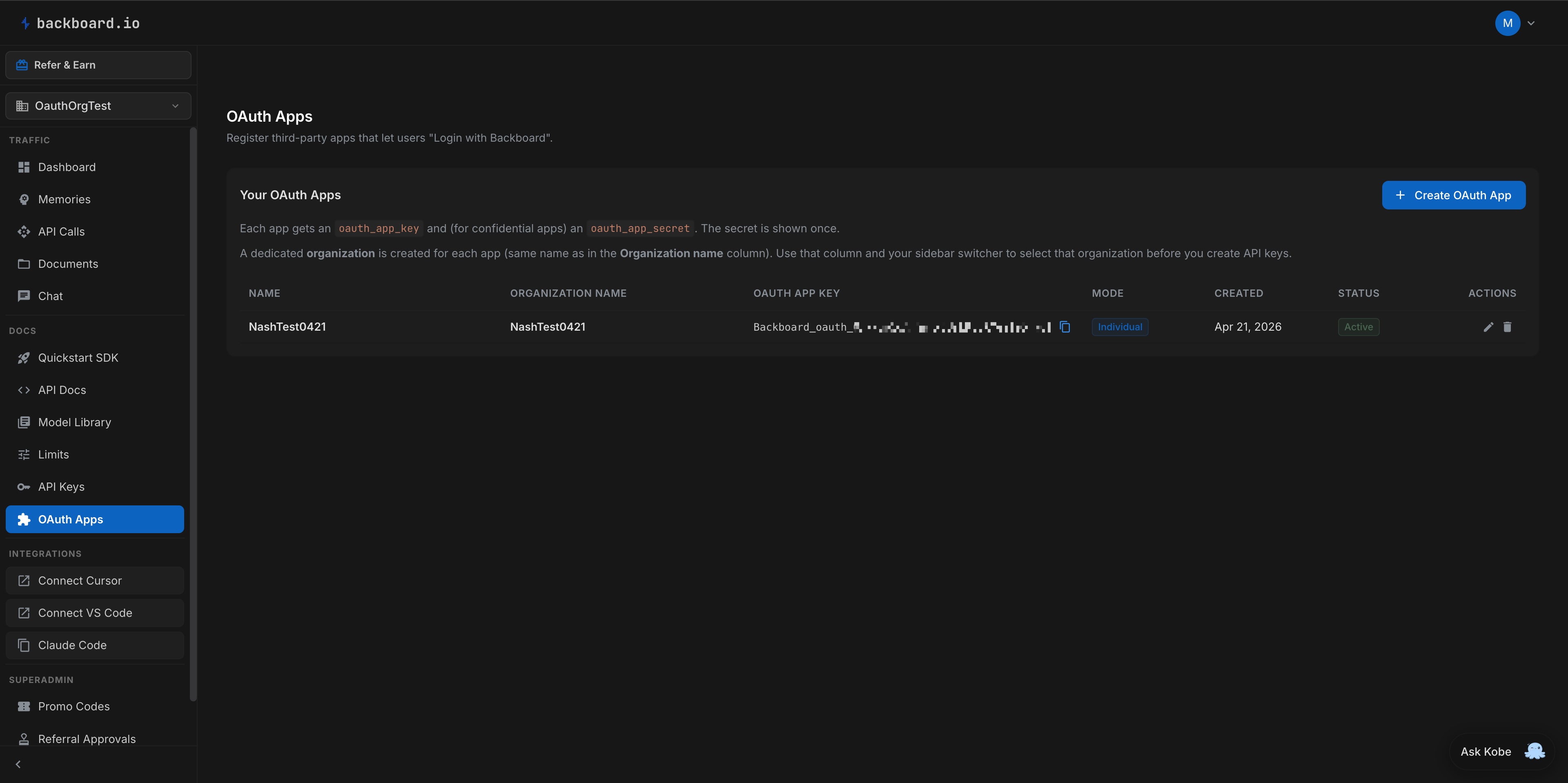 OAuth Apps page in the dashboard — list of apps with OAuth App Key, mode, and Create OAuth App