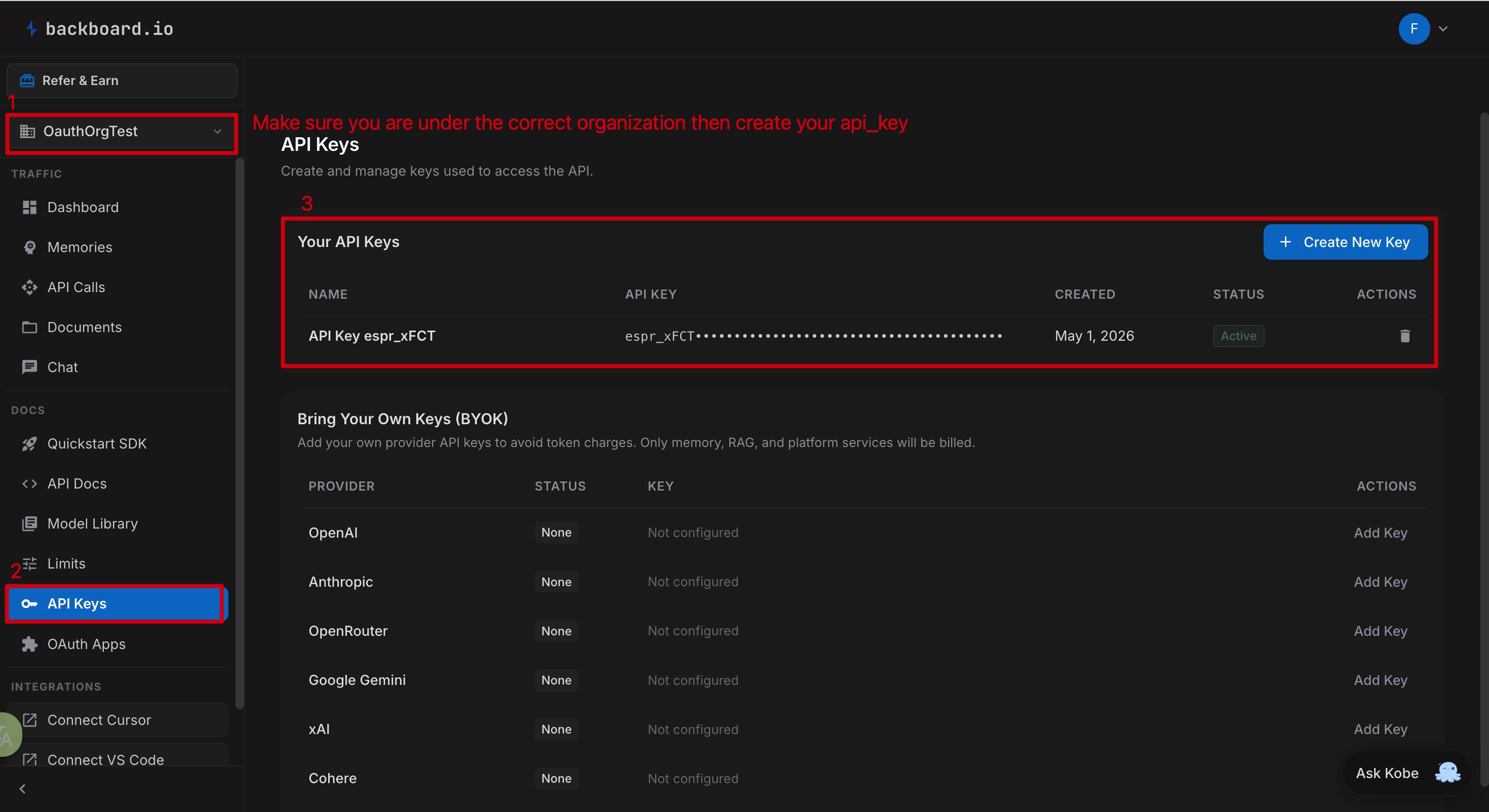 OAuth Apps page in the dashboard — Create api_key