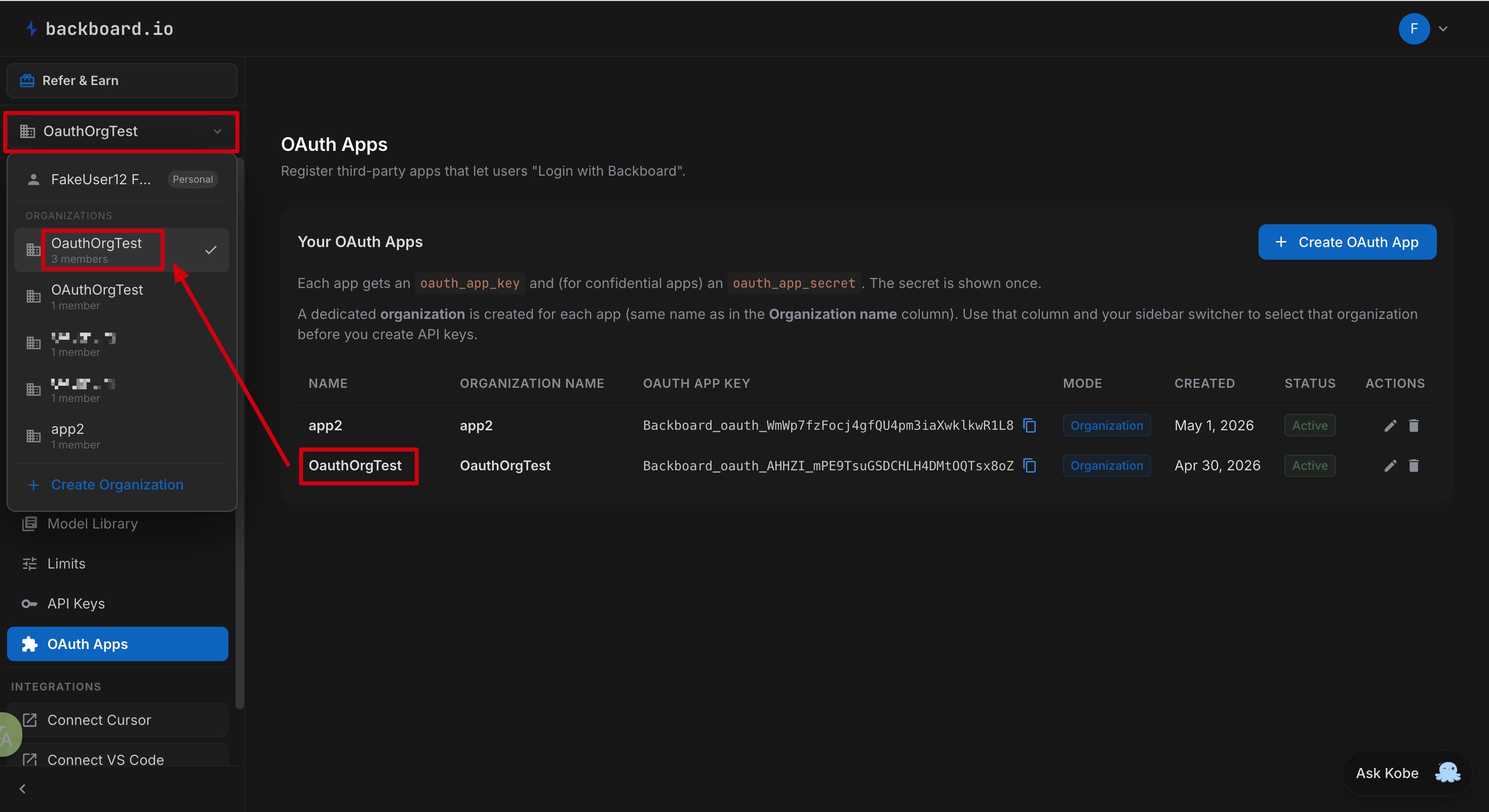 OAuth Apps page in the dashboard — Switch organization