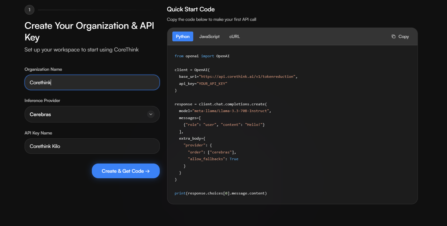 CoreThink Dashboard - Create Organization & API Key