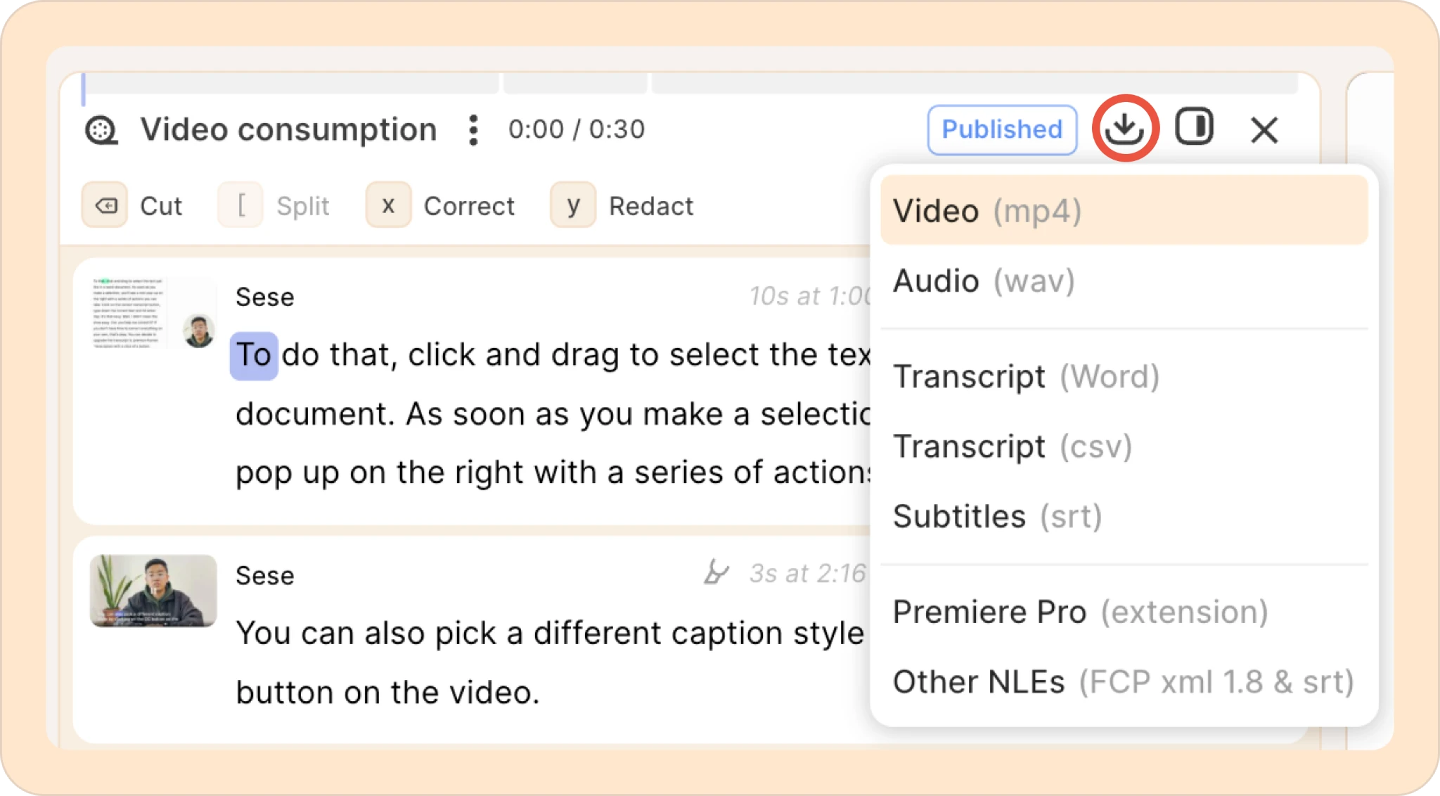 different options for downloading a Reduct reel