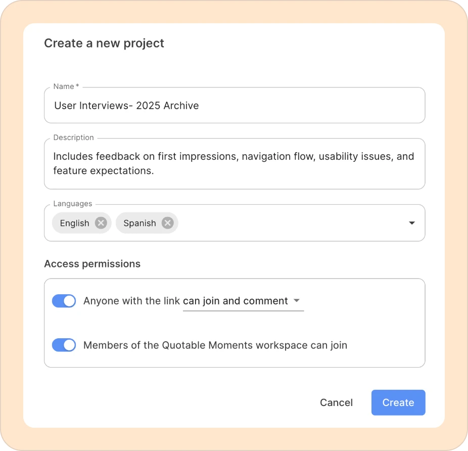different options when creating a project in Reduct