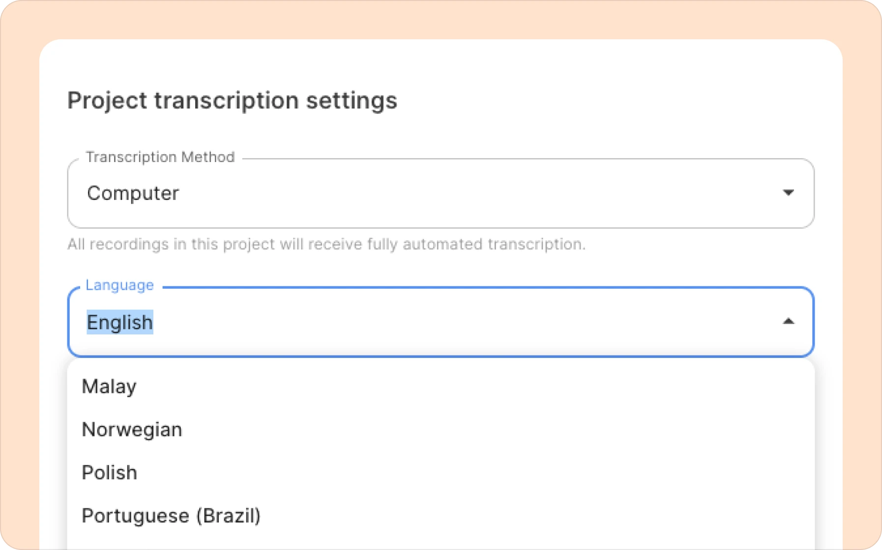 selecting the transcription language in a project