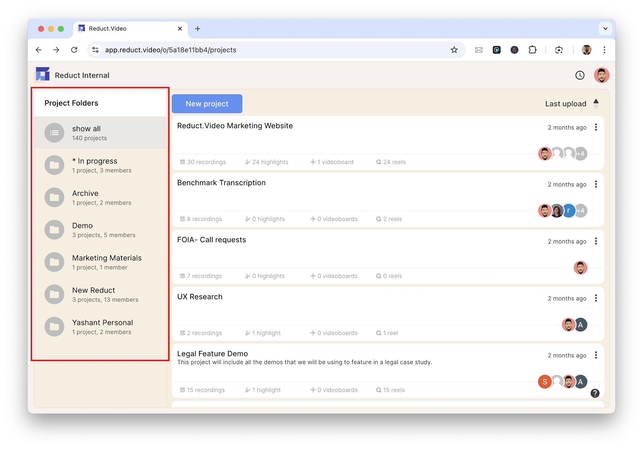 Project folder view in Reduct.Video