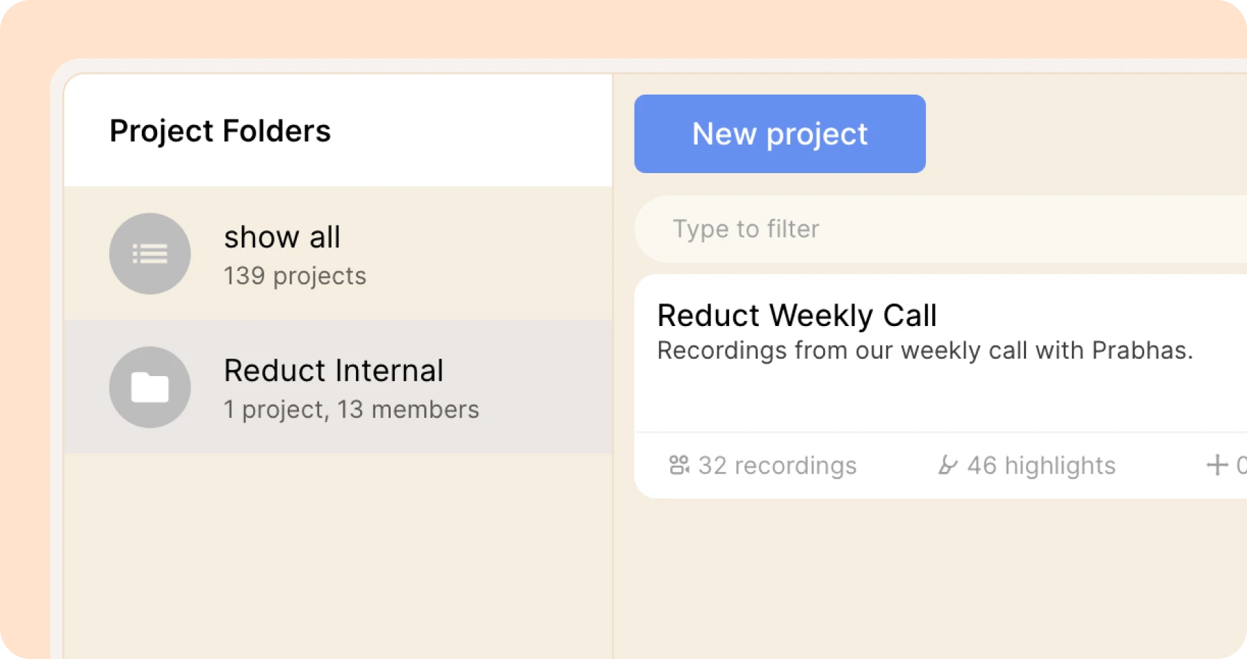 the projects folder view in Reduct