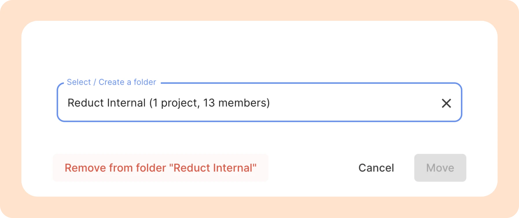 the modal to change or remove project from a folder