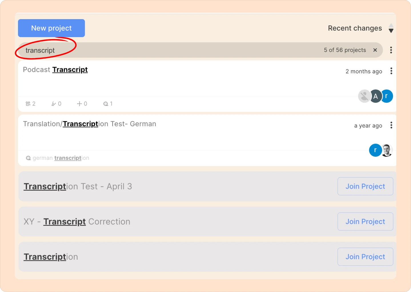the search bar in project page