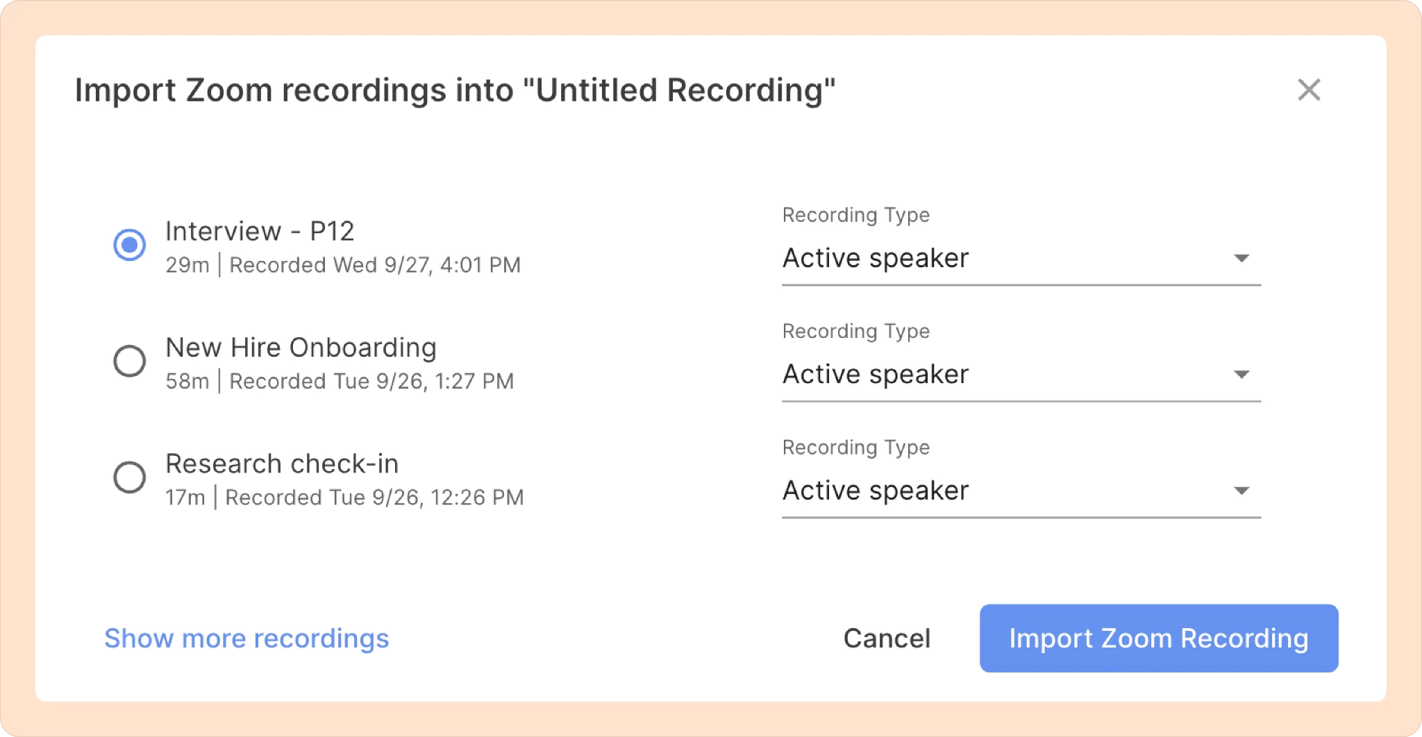 different options when importing from Zoom