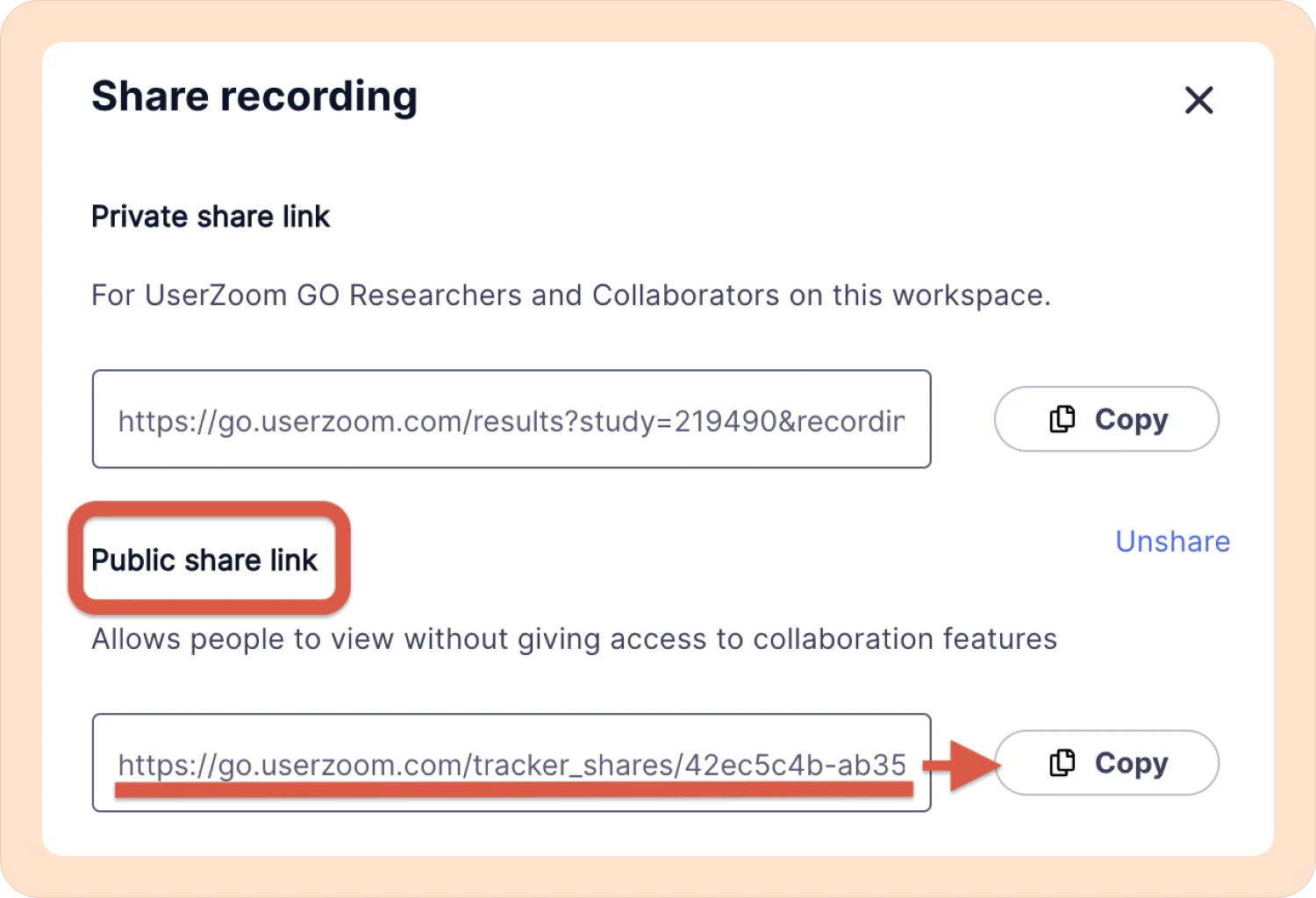 The public link in UserZoom