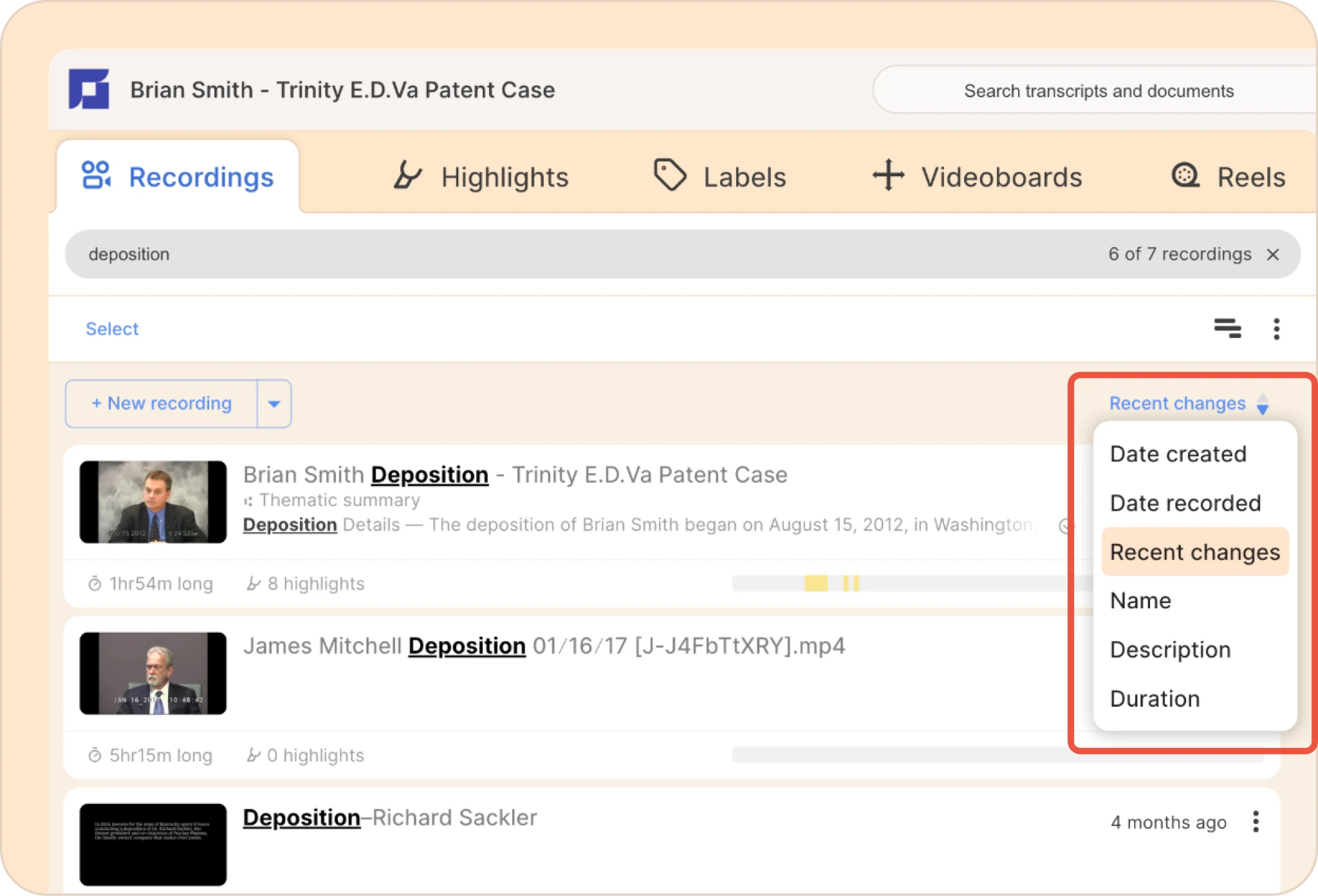 sorting and filtering recordings in Reduct