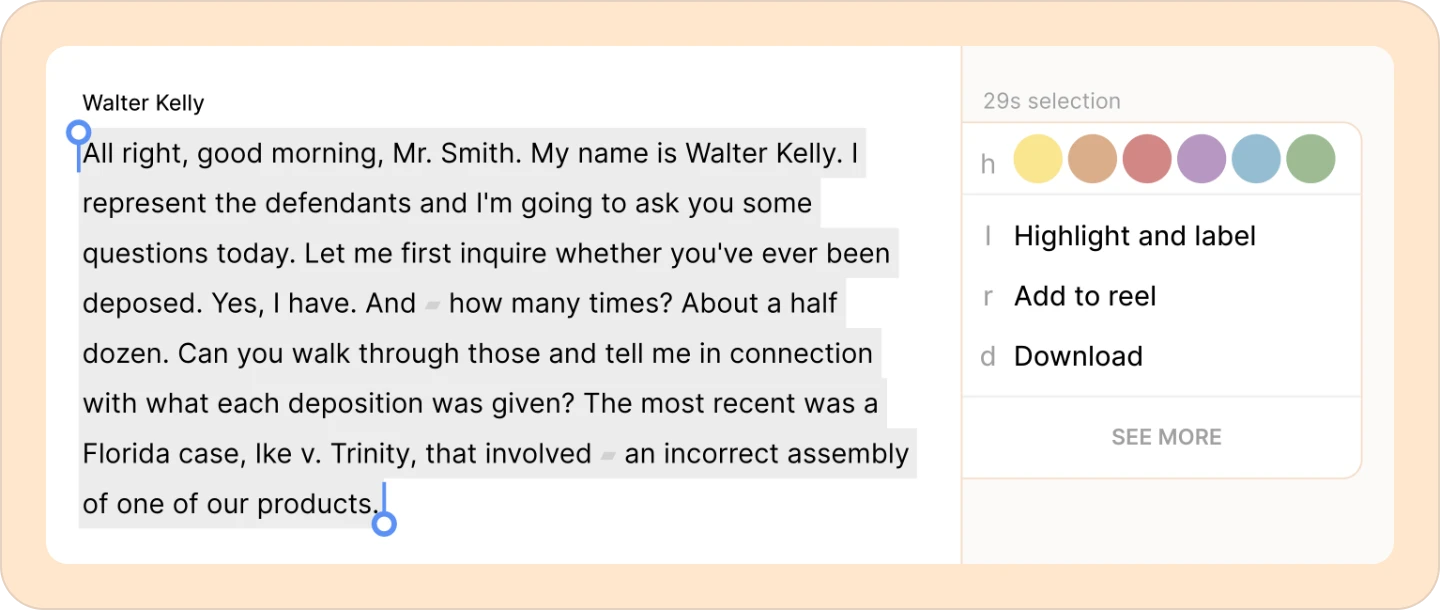 Select the transcript to take actions like highlight, tag, clips comment, download.