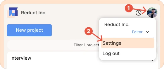 Accessing the admin settings in Reduct via your profile.