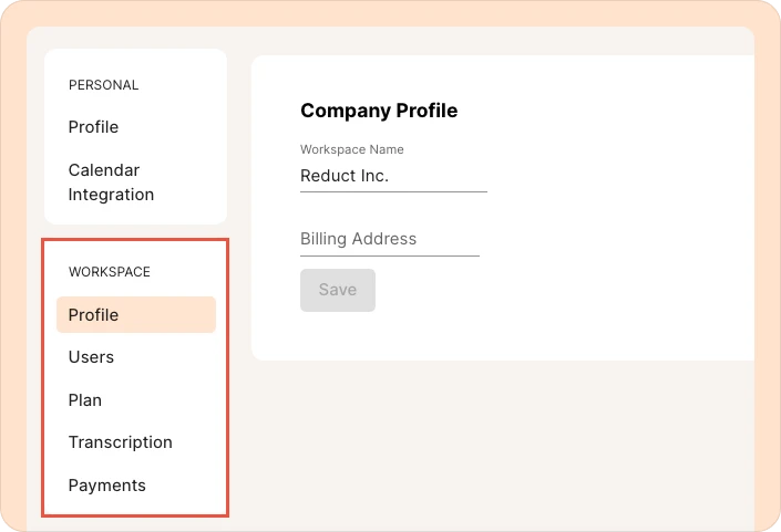 Workspace settings options in Reduct.
