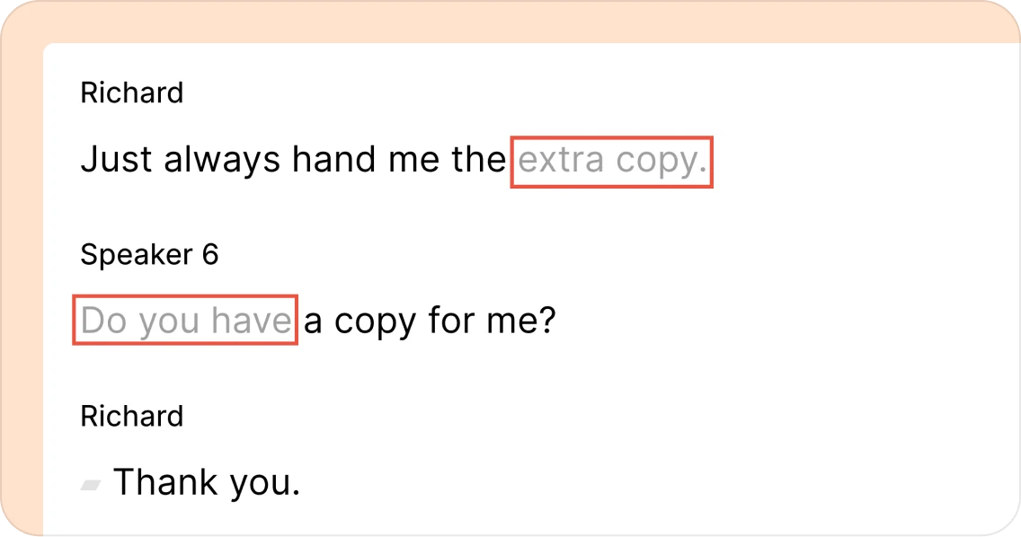 Gray text denoting misalignment in transcription.