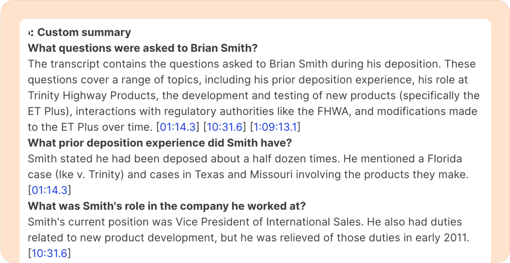 Custom summaries related to provided questions.