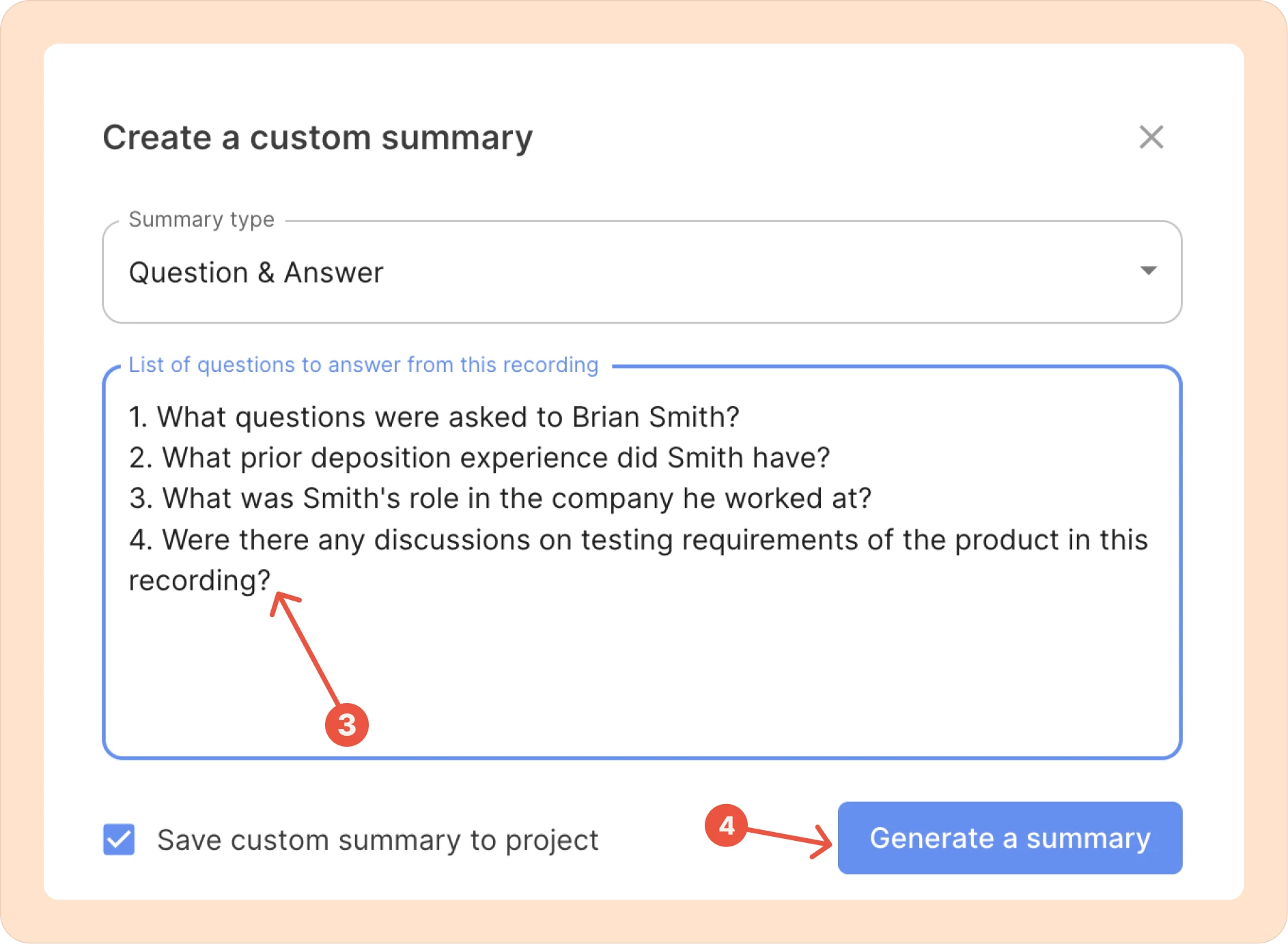 Adding a list of questions to generate a custom summary.