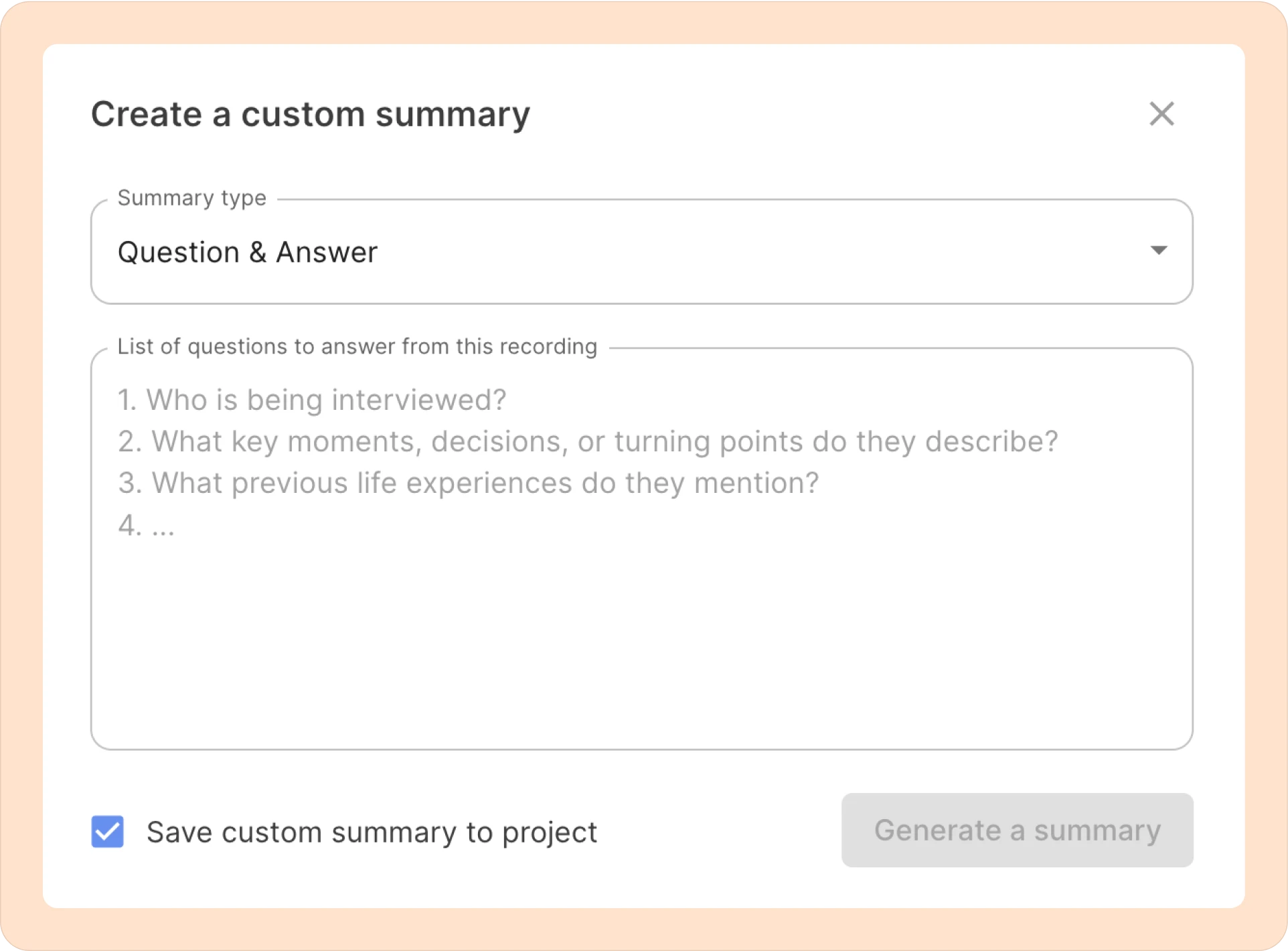 Selecting a type to create a custom summary.