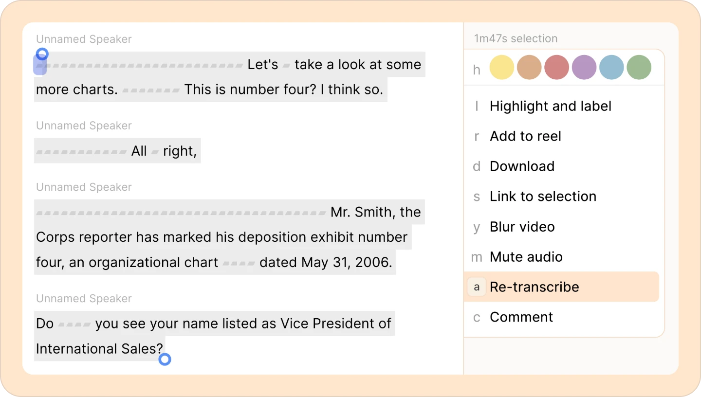 Paragraph selection to re-transcribe a part of transcription.