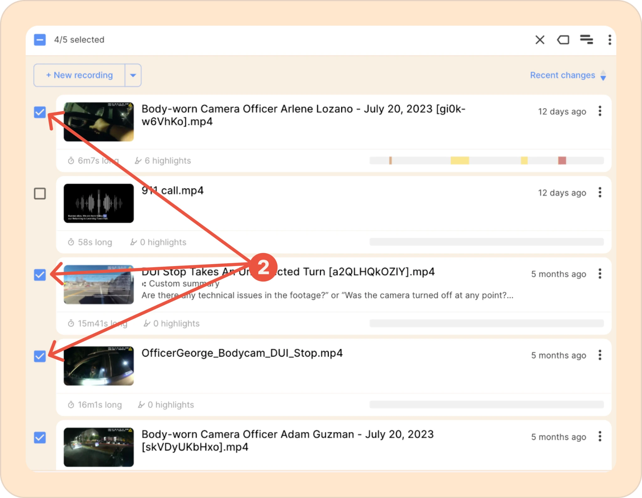 selecting multiple recordings using checkbox in Reduct