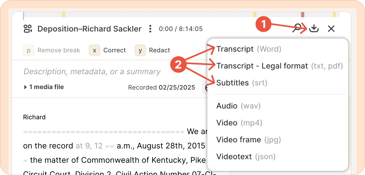 Downloading the entire transcript in various formats.
